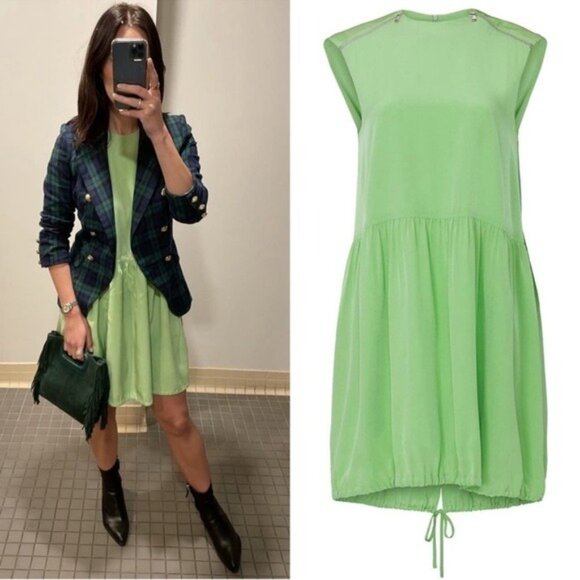 Tibi Eco Silk Cape Mini Dress 2 Mint Green Zip Sleeveless Tie Hem - Picture 3 of 16